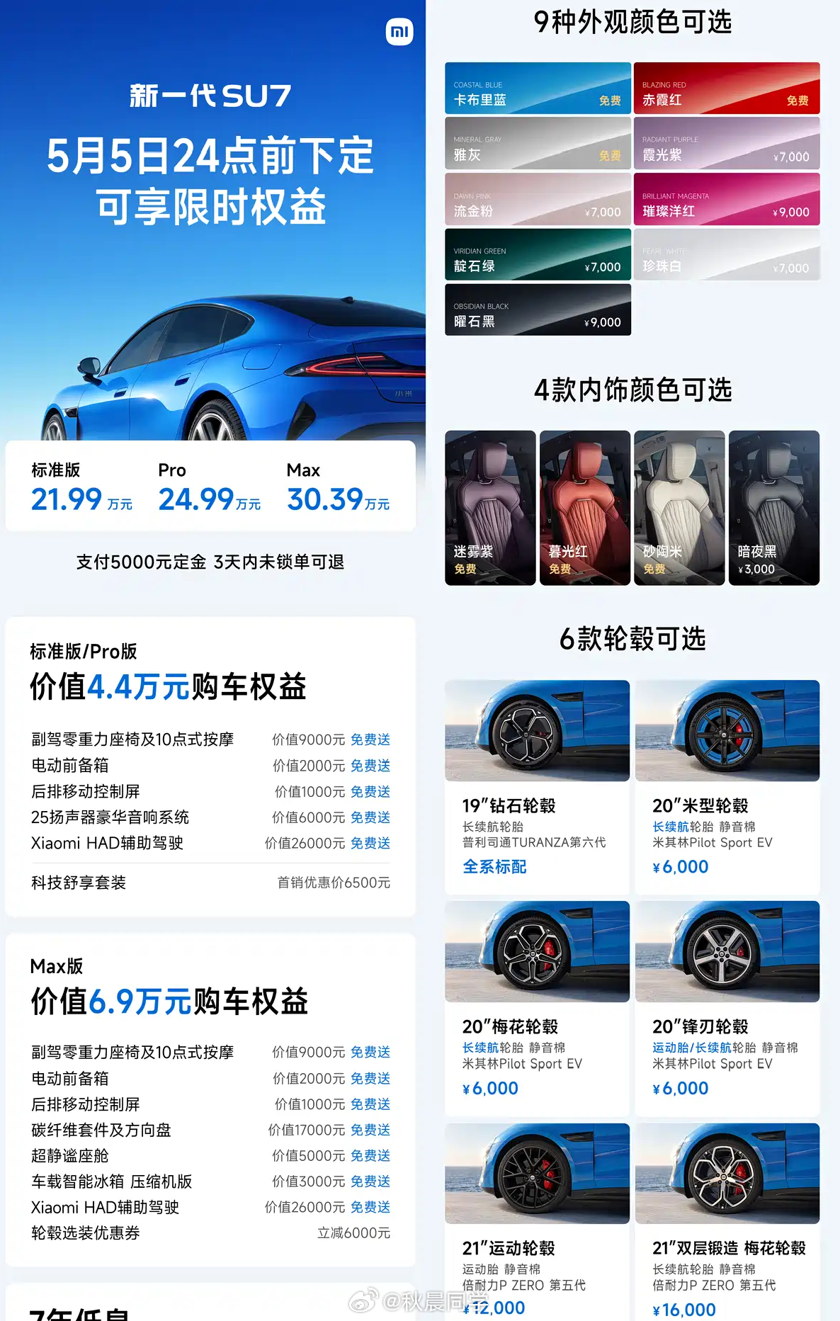 小米SU7真的很懂女车主的需求，你看，9种颜色，4种内饰，6种轮毂，你都随你搭配