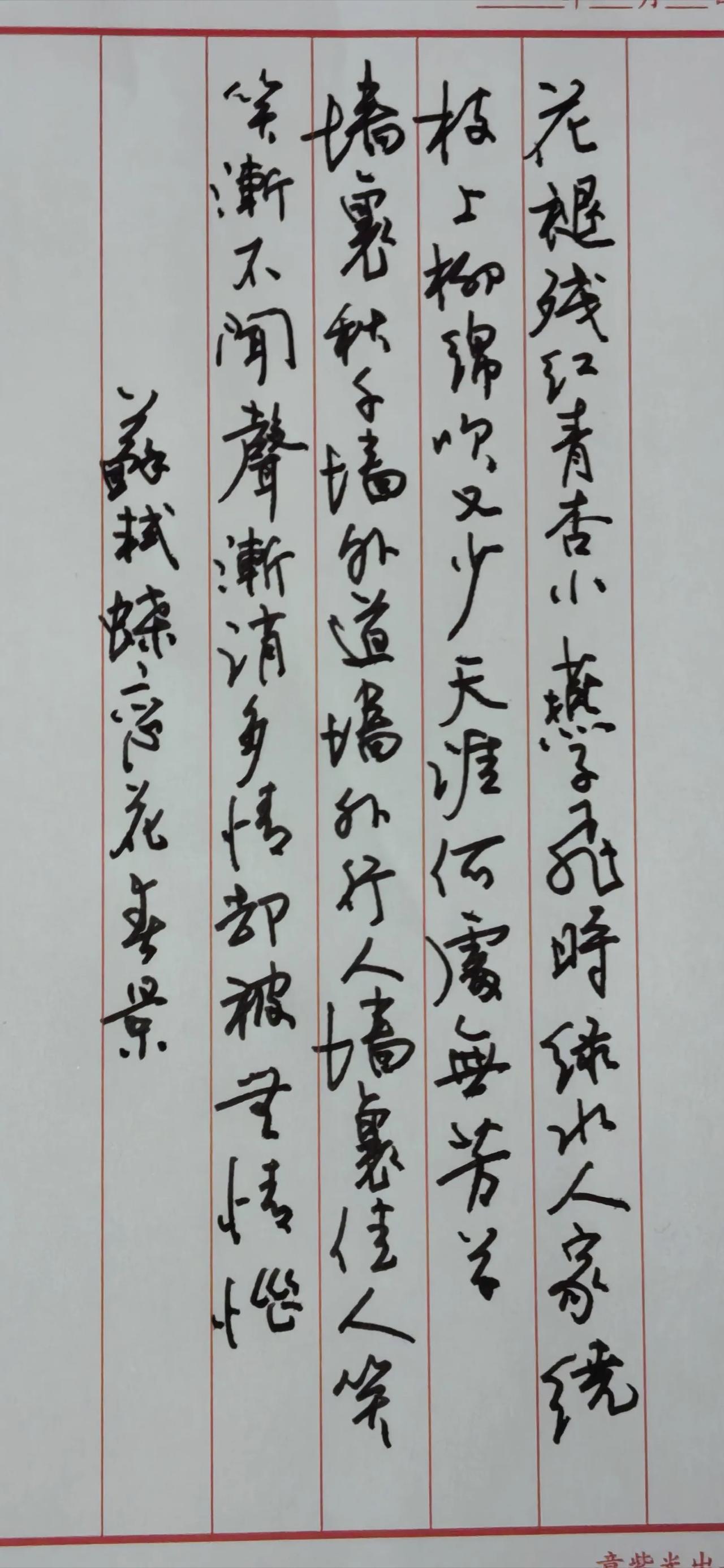 钢笔写在硬笔书法纸上。
简要点评
行草一气贯通，竖行行气连贯，笔墨灵动；部分字草