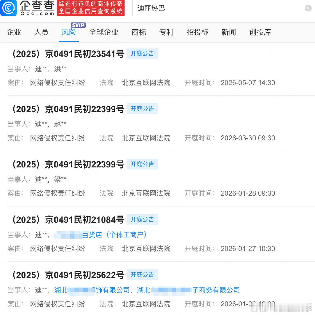 迪丽热巴告黑案件审理终结据企查查APP显示，近日，北京互联网法院向洪某公告送达迪