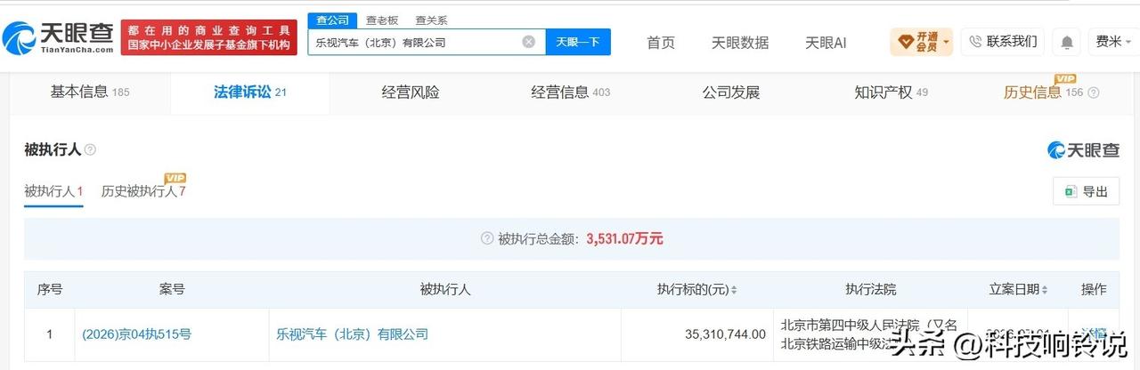 【贾跃亭及乐视汽车被执行3531万 贾跃亭及乐视汽车成被执行人】
天眼查法律诉讼