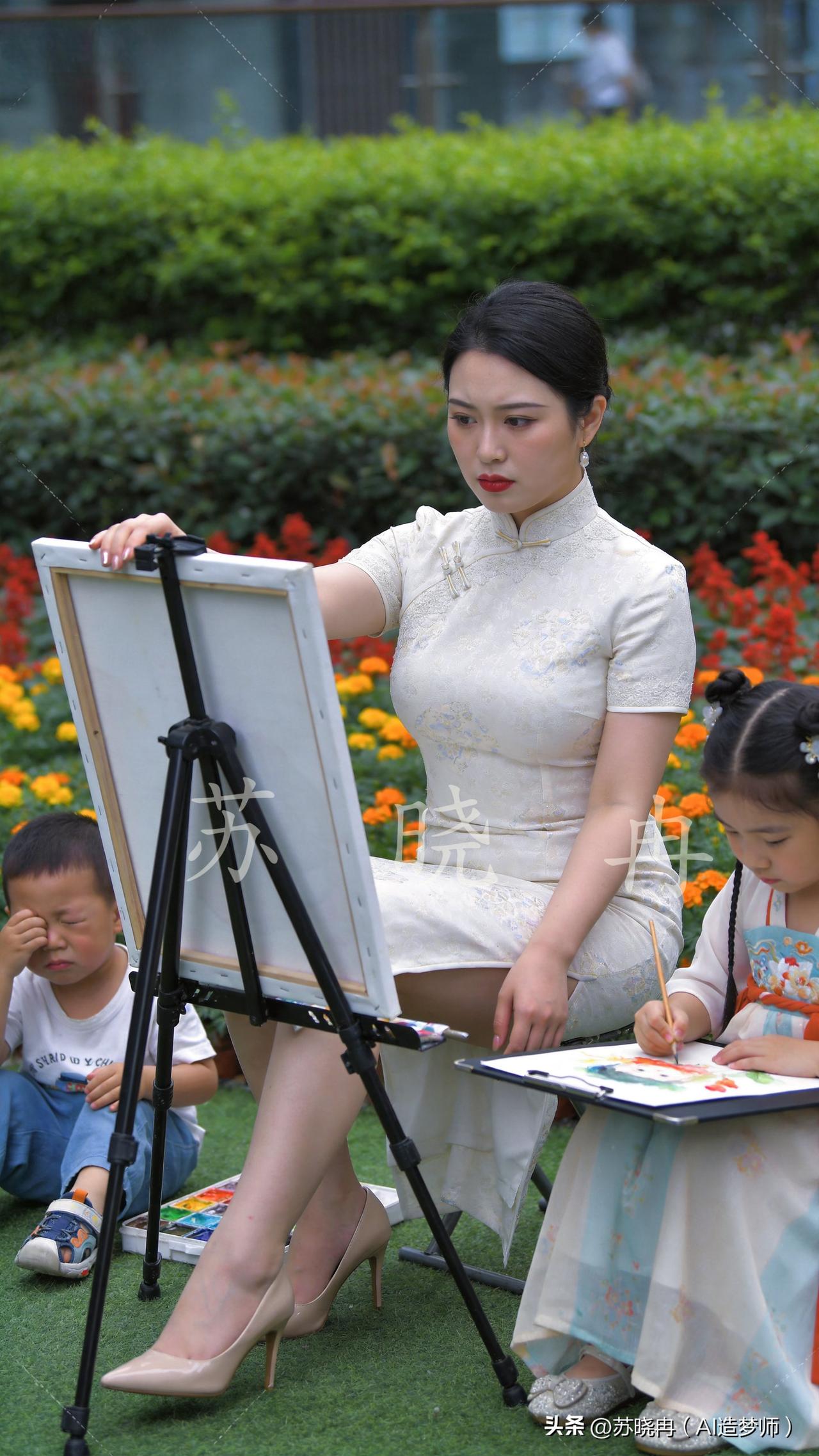 公园的写生现场，气氛有点微妙。妈妈眉头紧锁，盯着画架，显然是被什么事搅了兴致。旁