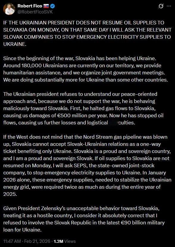 斯洛伐克总理罗伯特·菲科：如果乌克兰总统周一不恢复对斯洛伐克的石油供应，那么当天