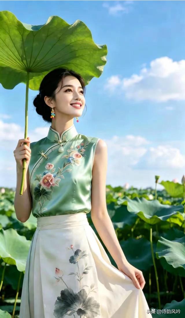 女人就是花样多，
折片青荷挡暑波。
旗袍一袭池边立，
流动风景任评说。