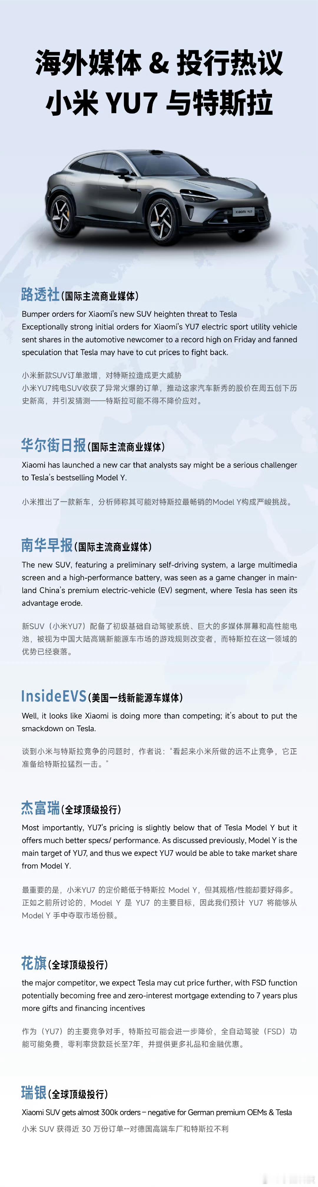 路透社称小米YU7对特斯拉构成更大威胁连雷总自己都说了，YU7的上市的对标定位就
