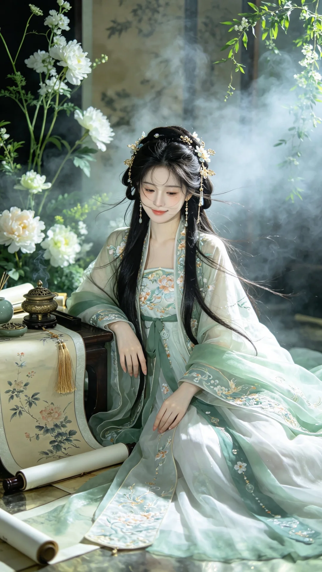 一位长发及腰、超现实主义，真人出镜，模样似洋娃娃般可爱的女生。构图随意...