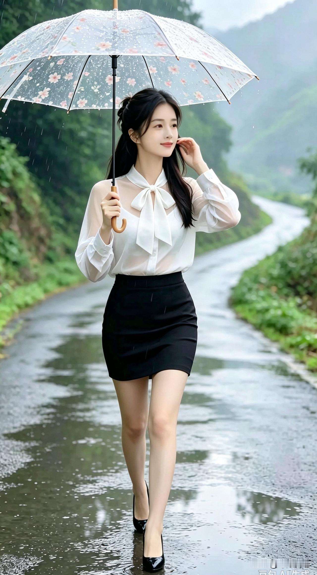 山间细雨绵绵，撑一把花伞漫步乡间小路
 标签：
AI美图 氛围感拍照 乡间美景