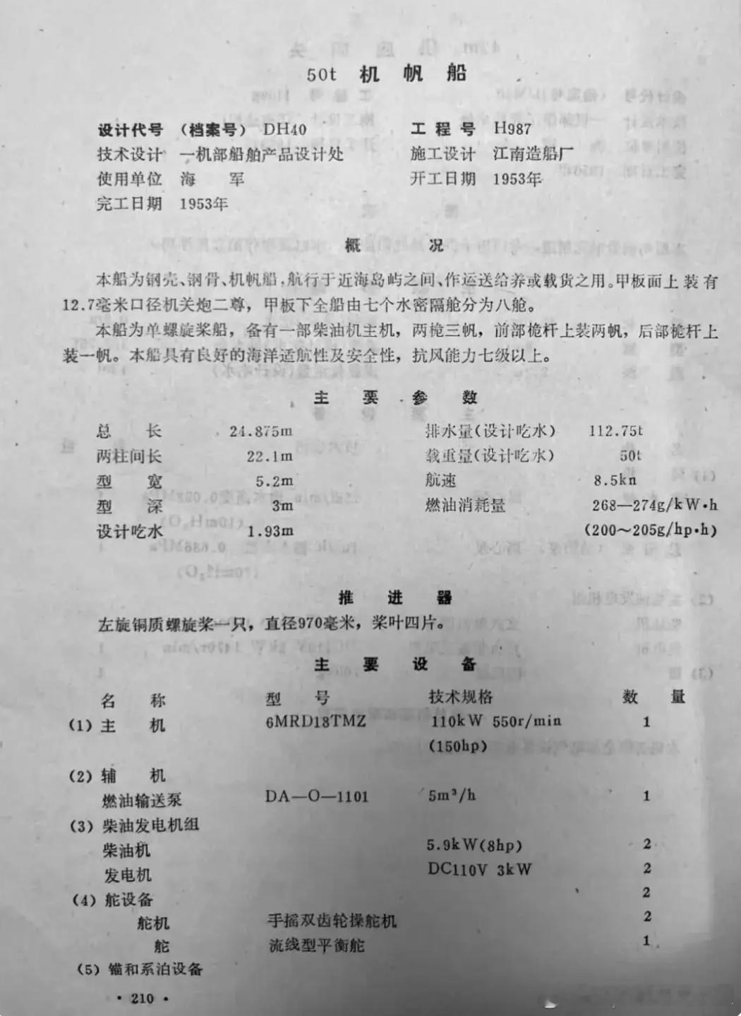 1953年6月50吨机帆船图纸上的黄旭华签字。首艘1953年7月17日建造，9月