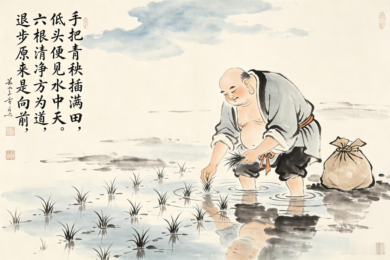 【[烟花]飞虎涂鸦2206】
布袋和尚的插秧偈
🍀这幅画作中的禅偈：“手把青秧