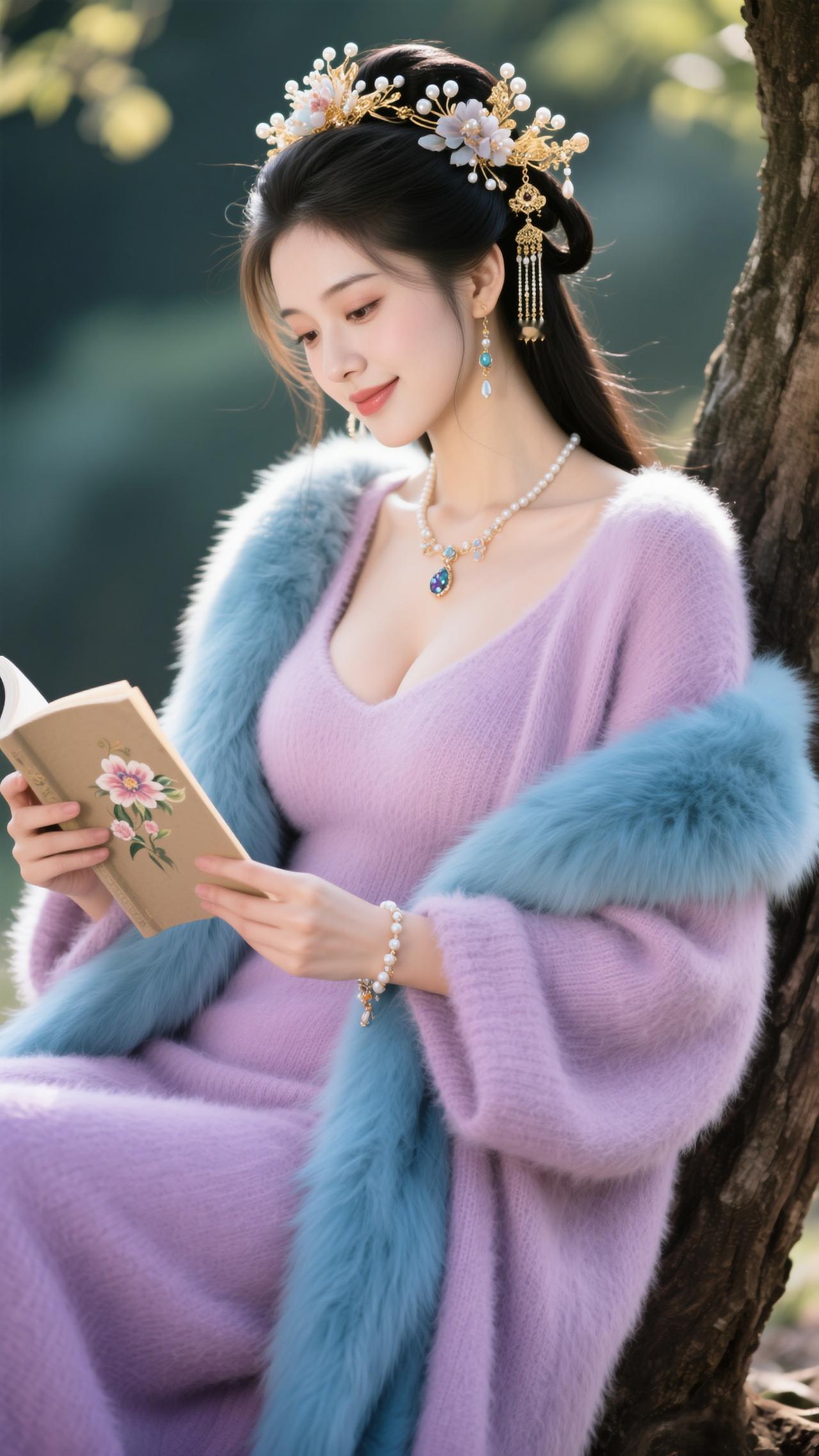 淡紫绒衣覆雪茸，晴光偷落鬓边珑。
花笺半展香沾页，云鬓斜簪玉缀风。
眉底月，袖中