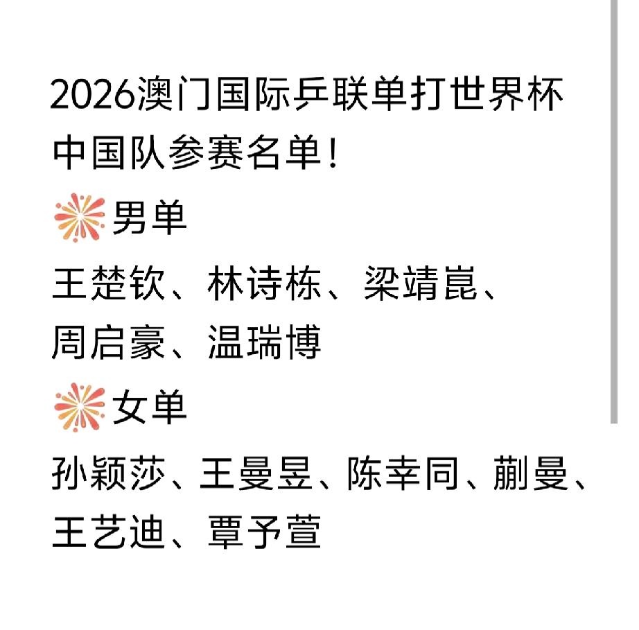 中国队澳门单打世界杯参赛名单确定！
2026澳门国际乒联单打世界杯中国队参赛名单