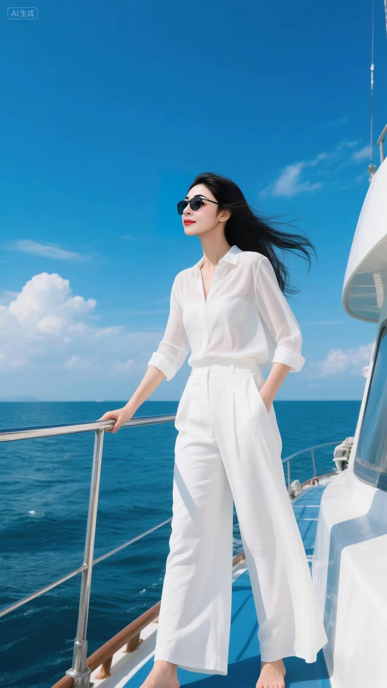 海风轻拂，白衣飘飘，享受阳光与海浪的自由时光。