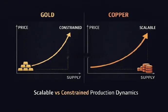 黄金不能扩产，铜可以，长期涨幅差异很大。黄金本质是靠“相信”的力量1971年，1