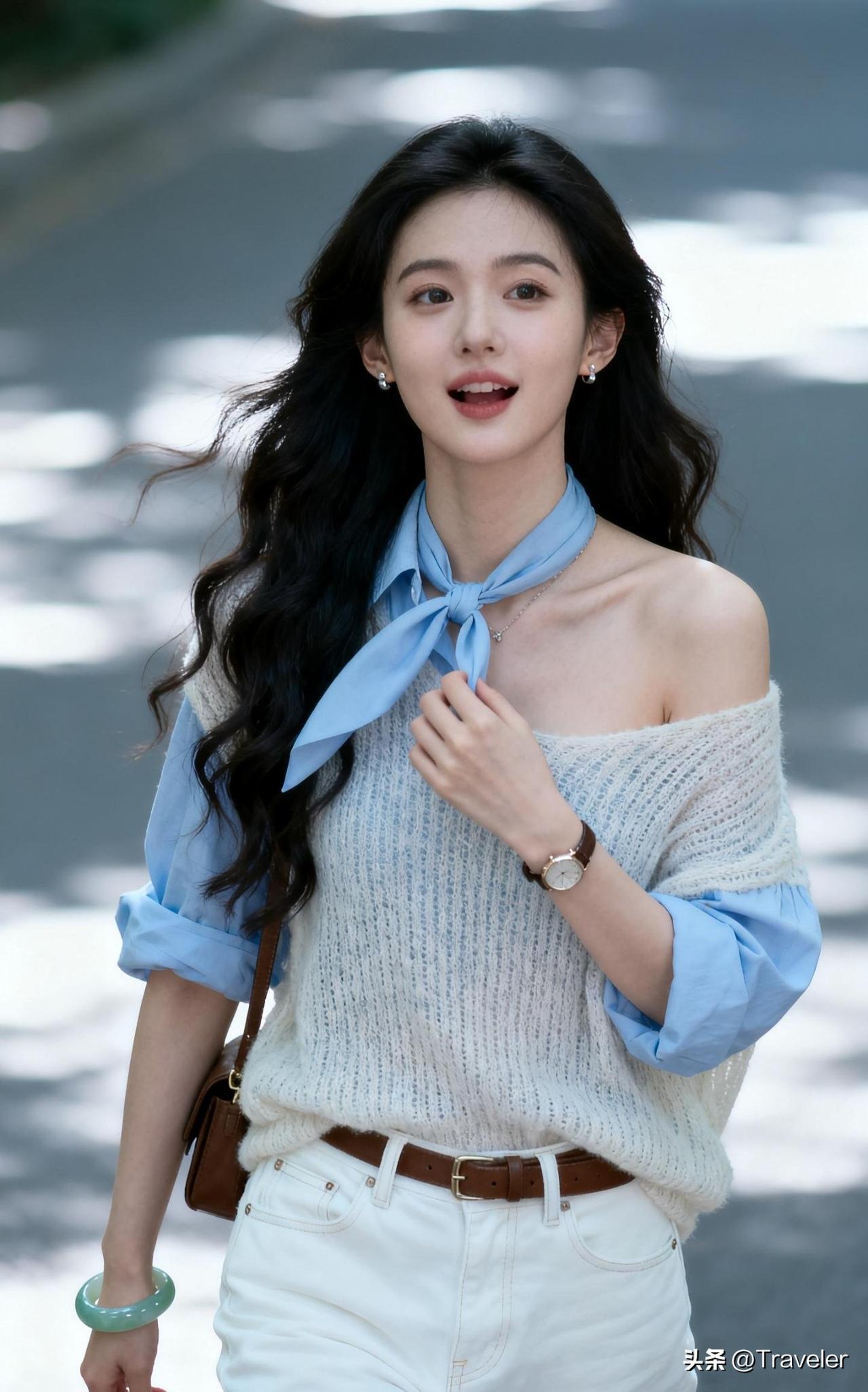 青丝拂面，笑语盈盈。