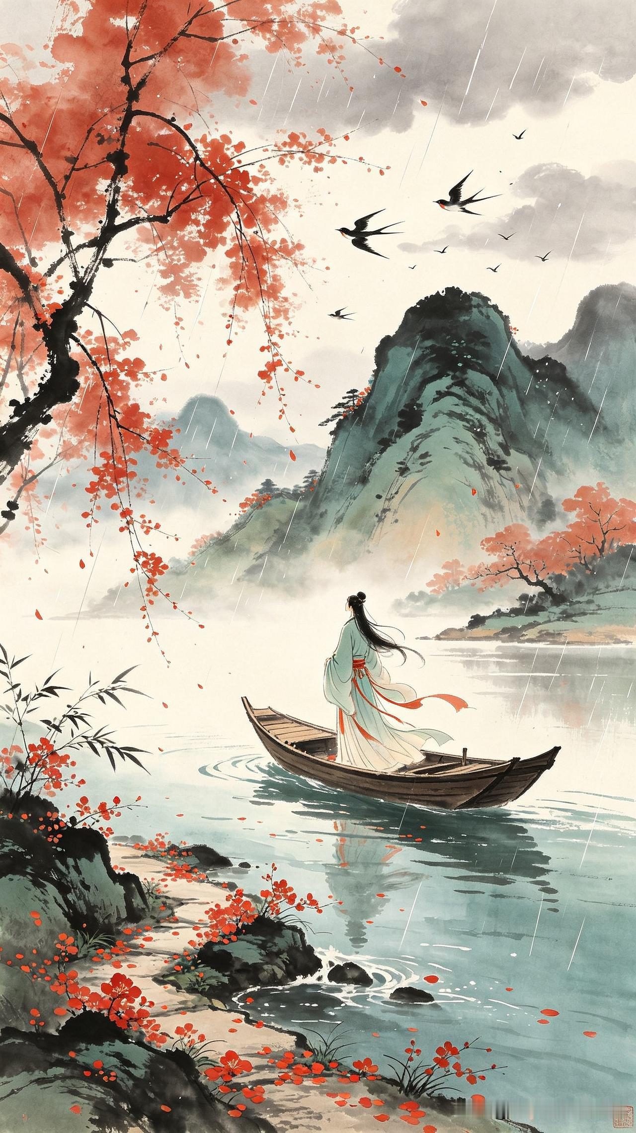 东风渐老暮云平，
细雨斜飞燕子轻。
满径残红随浪去，
    
…………请师友续