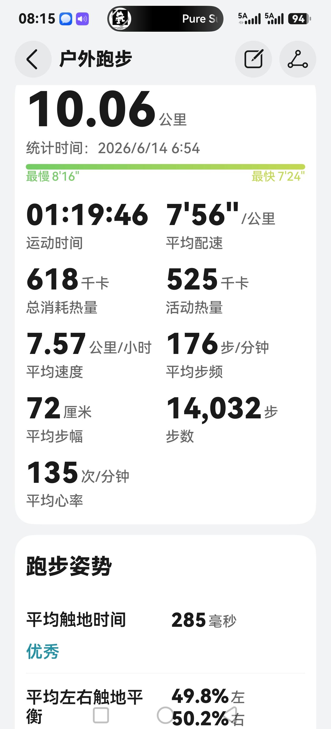 10公里低心率有氧慢跑。
为了维持低心率有氧跑，10公里全程压住配速7分半到8分