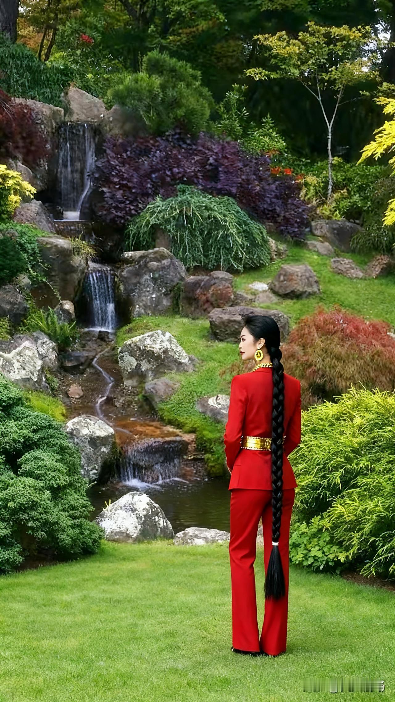 在那片百花争艳、山清水秀之地，一位红衣美女宛如画卷中走出的仙子。她那齐身的大辫子