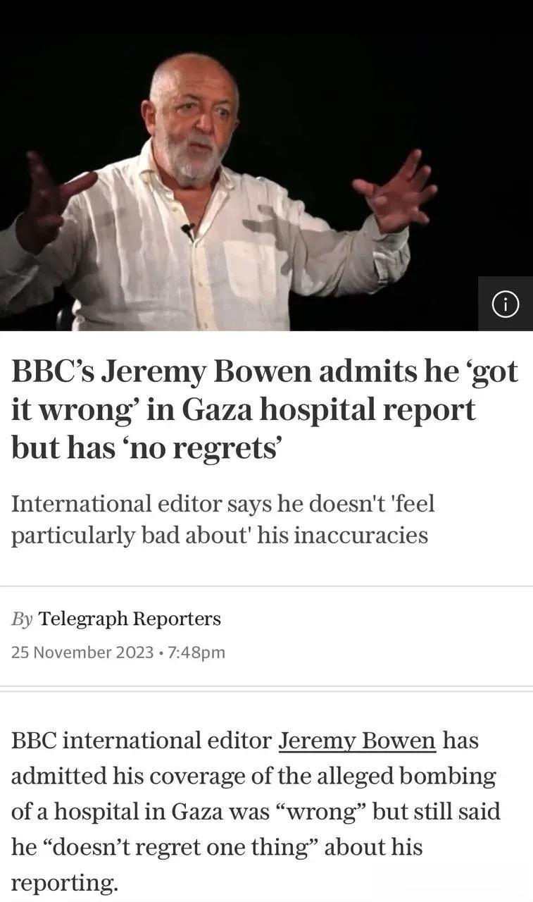 B B C国际新闻记者杰里米·鲍文(Jeremy Bowen)承认他报道的以色列