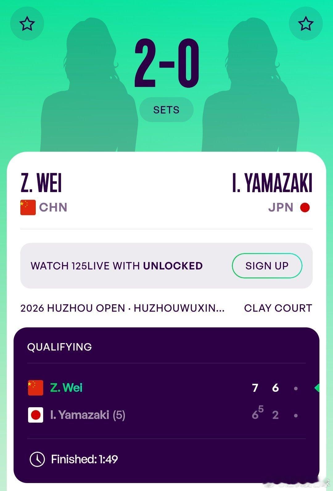 WTA125湖州站🇨🇳资格赛第1轮魏彰倩🇨🇳7-6(5)/6-2山崎郁美