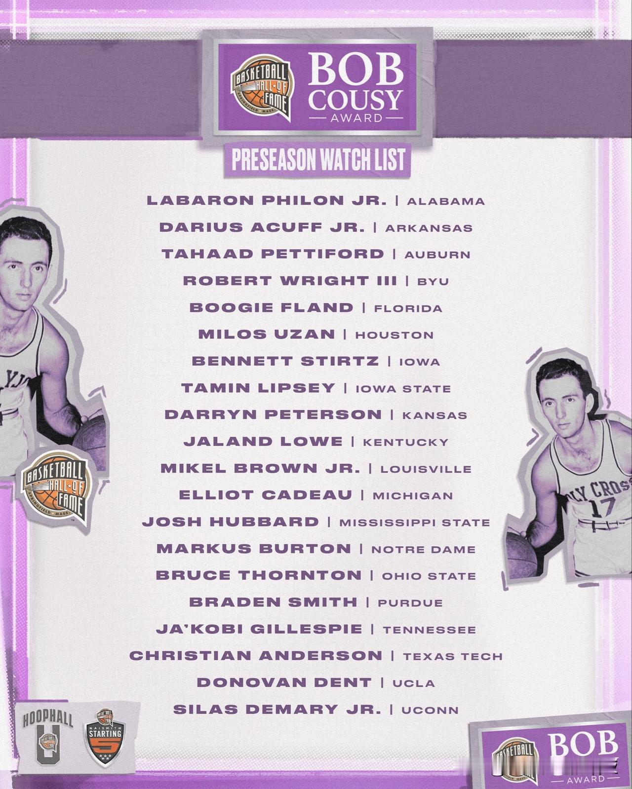 鲍勃-库西奖=年度最佳控卫，季前20人观察名单，三位新生入选，2026年nba选