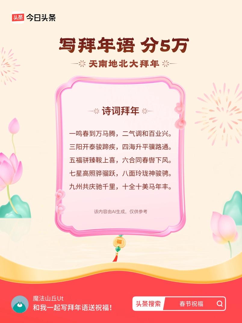 三阳开泰骏蹄疾，四海升平骥路通。 五福骈臻鞍上喜，六合同春辔下风。 七星高照骅骝