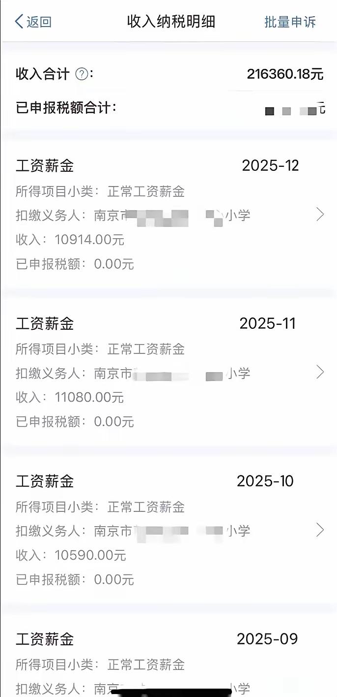 晒出2025年个税清单！江苏南京一名小学青年教师，全年收入超21万元，薪资明细一