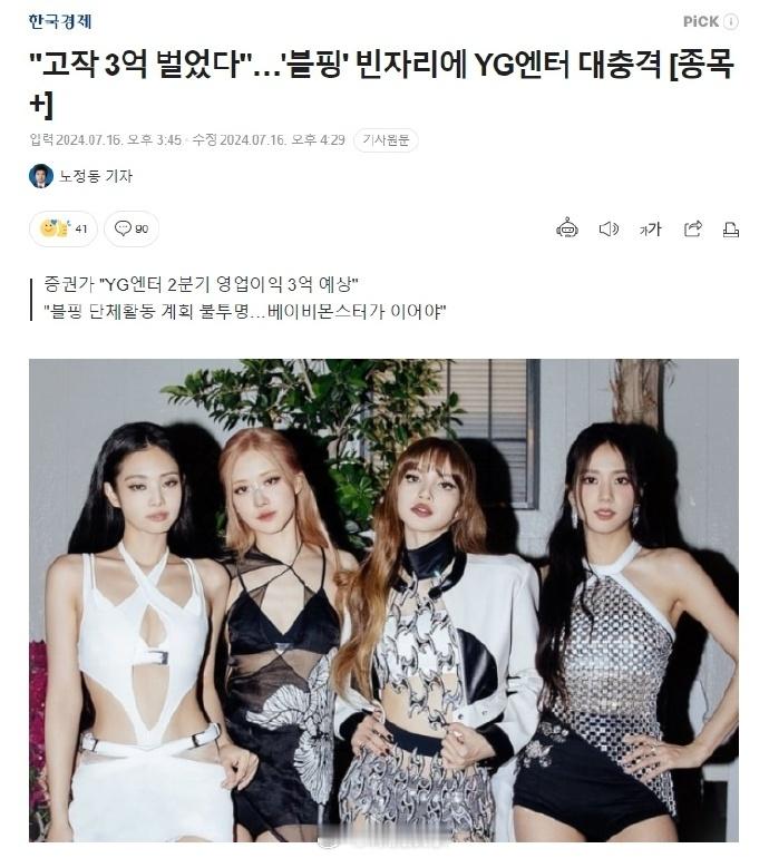 【YG娱乐2024年第二季度营业利润为3亿韩元】业内人士分析“预计YG今年第二季
