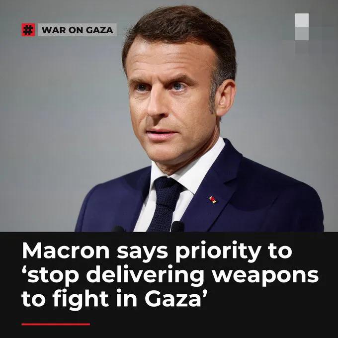 法国国际广播电台今天（10月6日）报道：“马克龙要求停止向以色列输送用以加沙战争