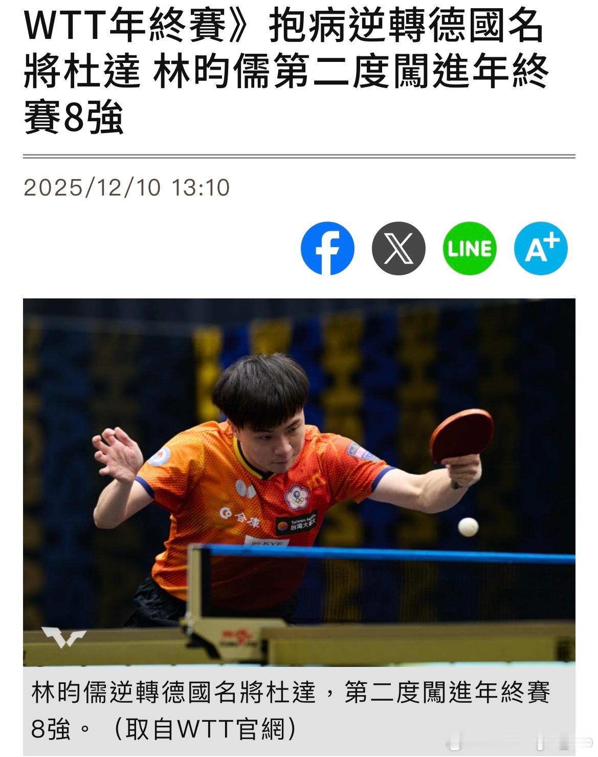 WTT香港总决赛2025 【台媒】抱病逆转德国名将杜达 林昀儒第二度闯进年终赛8