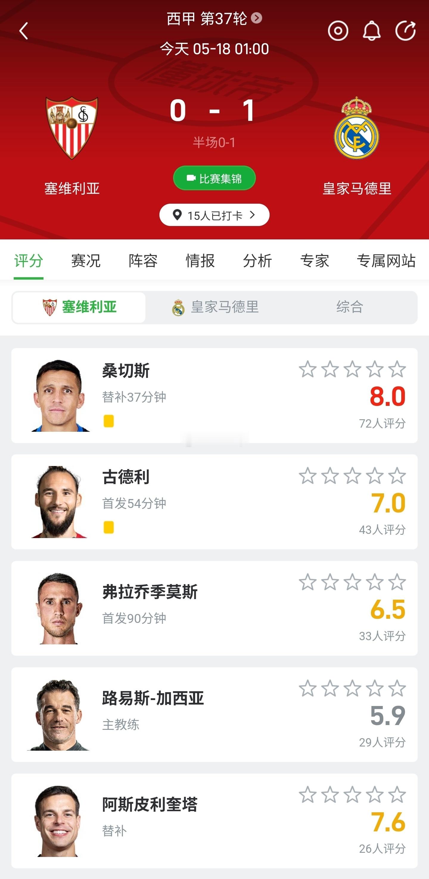 西甲第37轮皇马客场1-0小胜塞维利亚，拿下关键三分!比赛第15分钟维尼修斯接姆