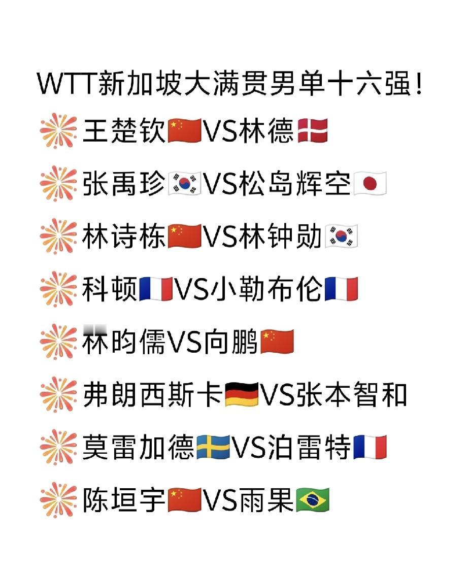 还是男单项目的旗帜五花八门啊[笑哭]，
2026WTT新加坡大满贯男单十六强如下