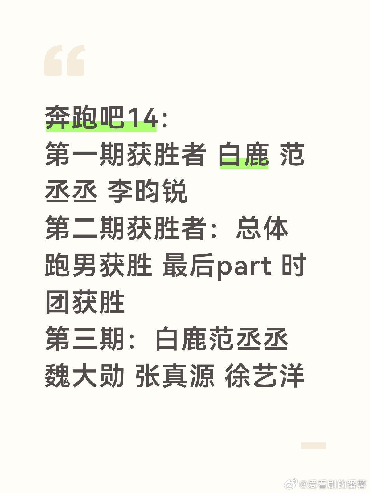 奔跑吧14：第一期获胜者白鹿范丞丞李昀锐第二期获胜者：总体跑男获胜 最后part