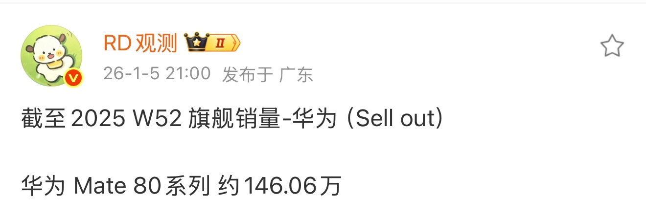 华为Mate80系列 2025 W52 销量146万+ 当周增长23万+我猜元旦