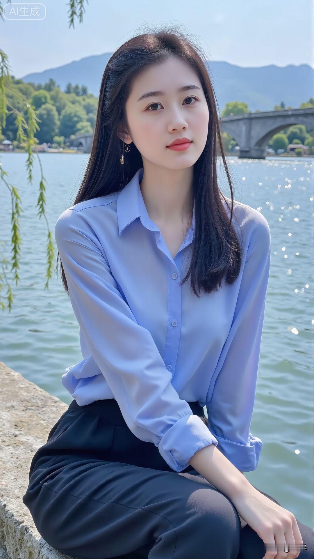 水边人影静，风中发丝轻。