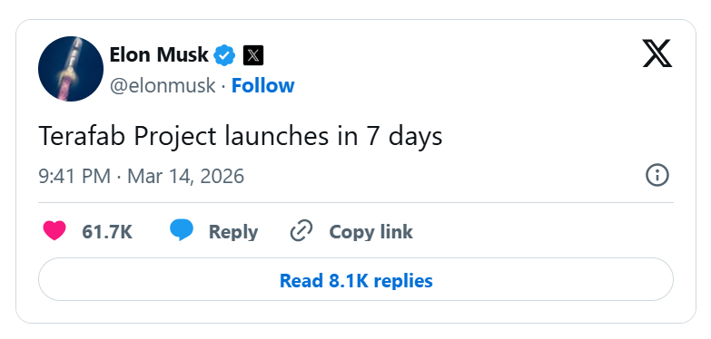 特斯拉首席执行官埃隆·马斯克在X上发文表示，该公司旨在制造人工智能（AI）芯片的