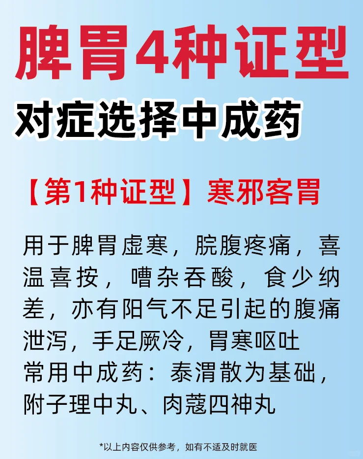 脾胃不好，细分4️⃣种证型对症选择中成药