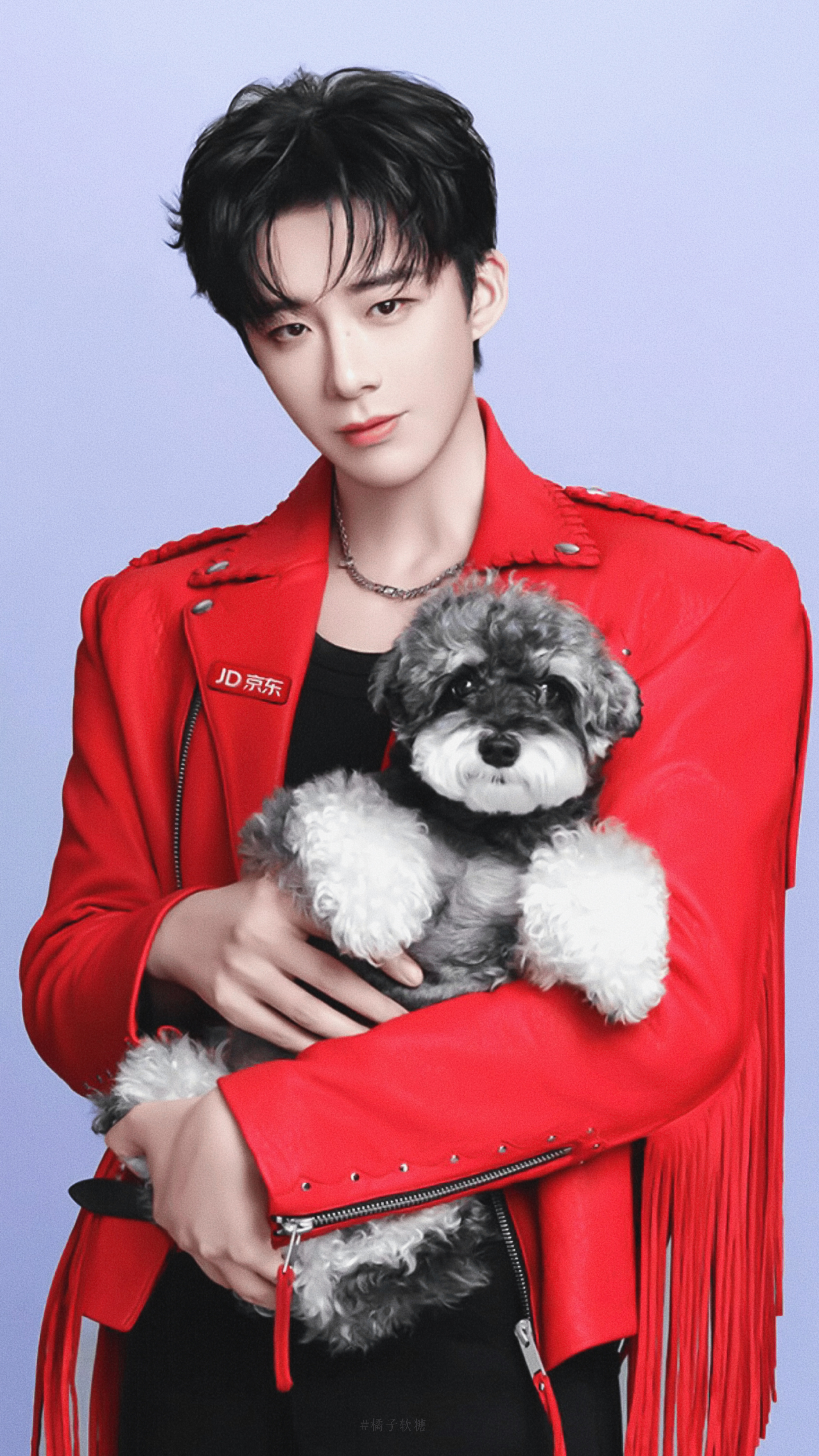 红衣热烈，眉眼温柔，怀里还抱着呆懵呆萌的小呆——这画面也太犯规了吧！又帅又暖，简