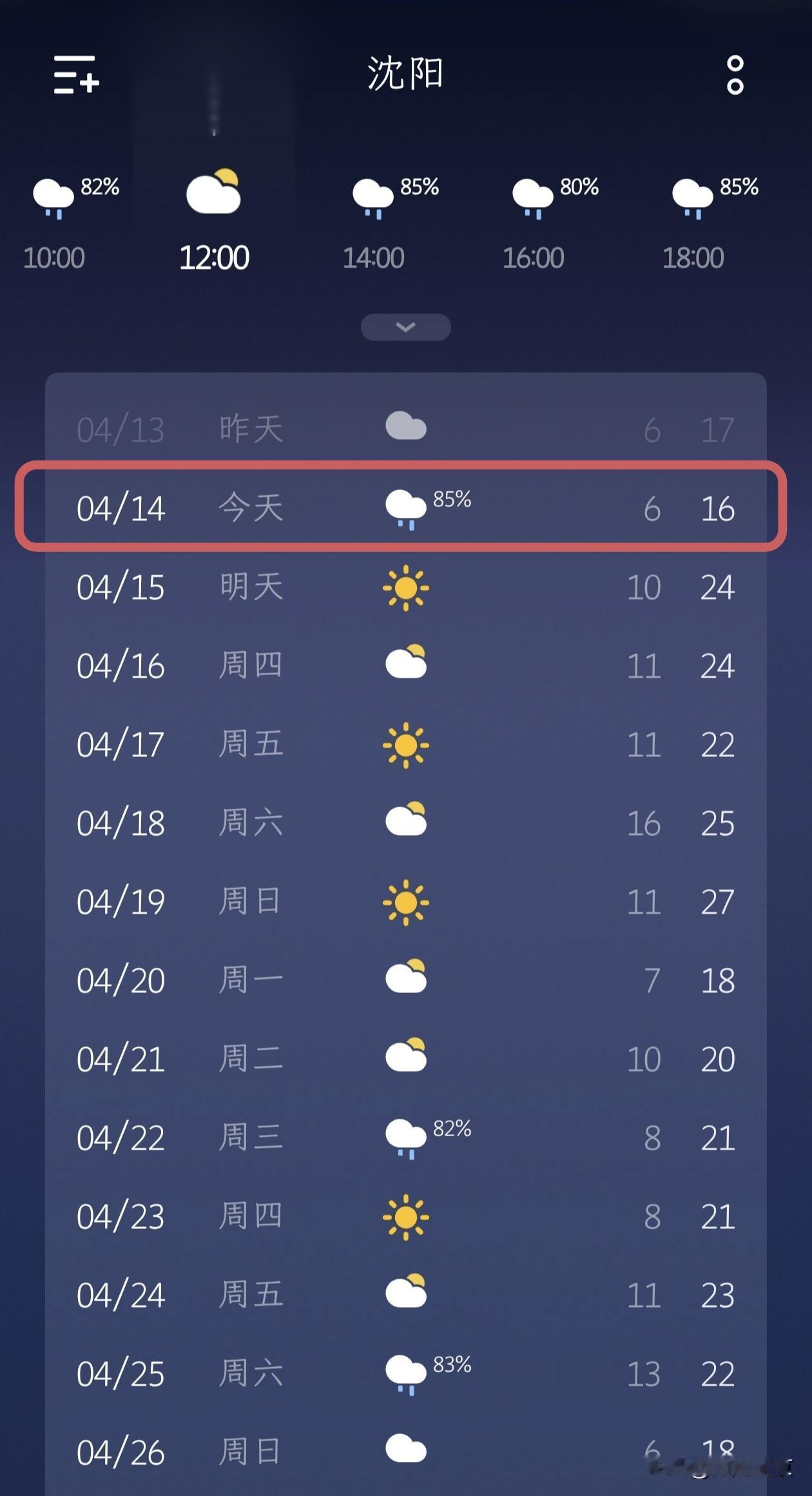 沈阳朋友注意啦！要下雨啦！🌧️

4月14日，今日沈阳全天阴雨天气，降水概率高