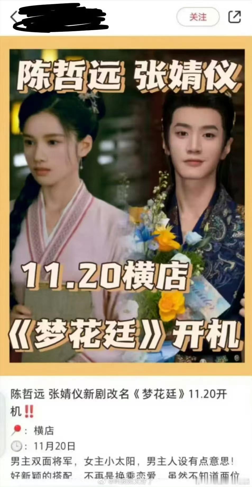 陈哲远张婧仪新剧梦花廷    陈哲远张婧仪两个人都是大家喜爱的艺人，而且网传陈哲
