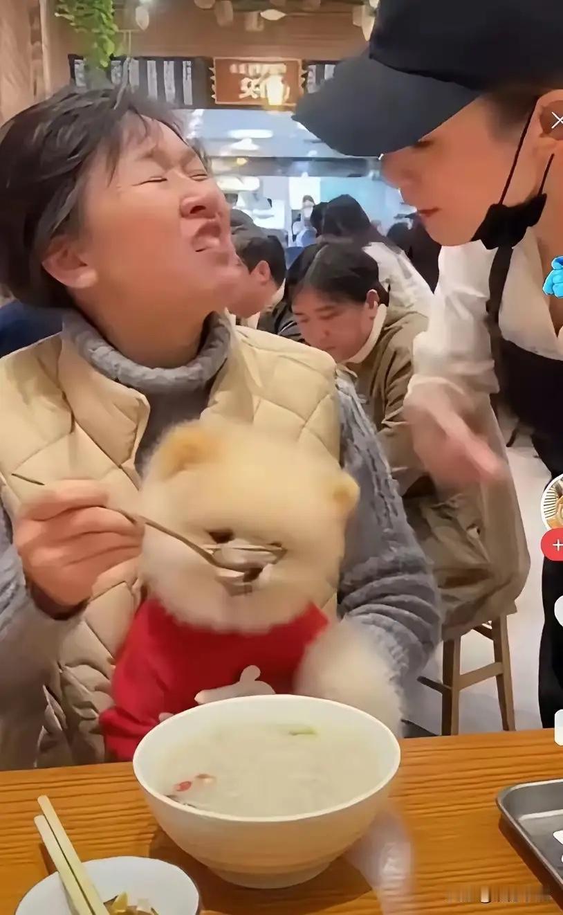 一位大妈到饭店吃饭，令人吃惊的是，她竟然用勺子给狗喂饭。服务员看到了，马上来劝阻
