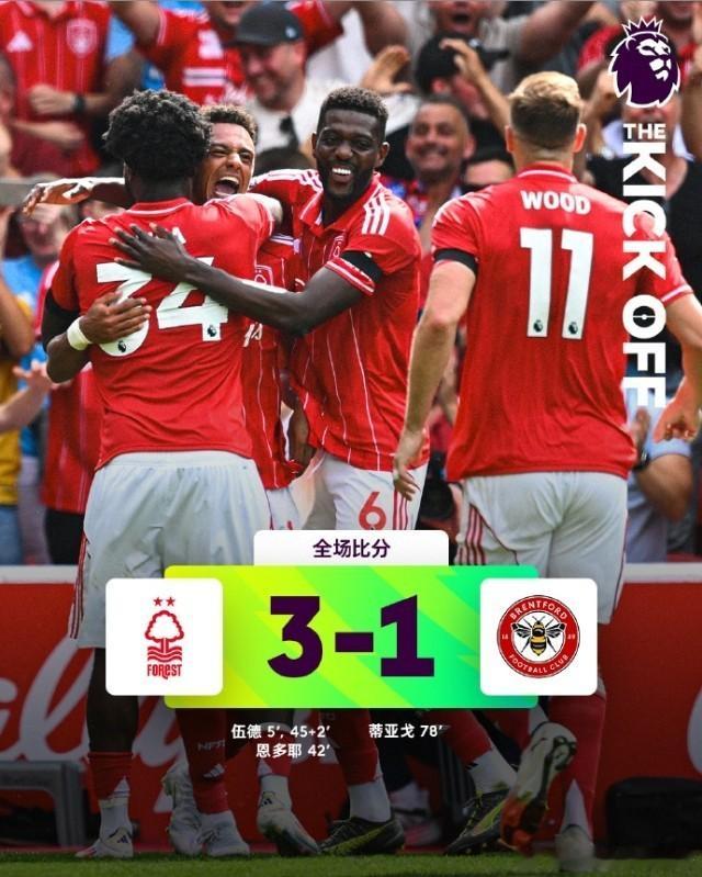 英超第1轮，诺丁汉森林主场3比1击败布伦特福德。第5分钟，角球进攻机会中，克里斯