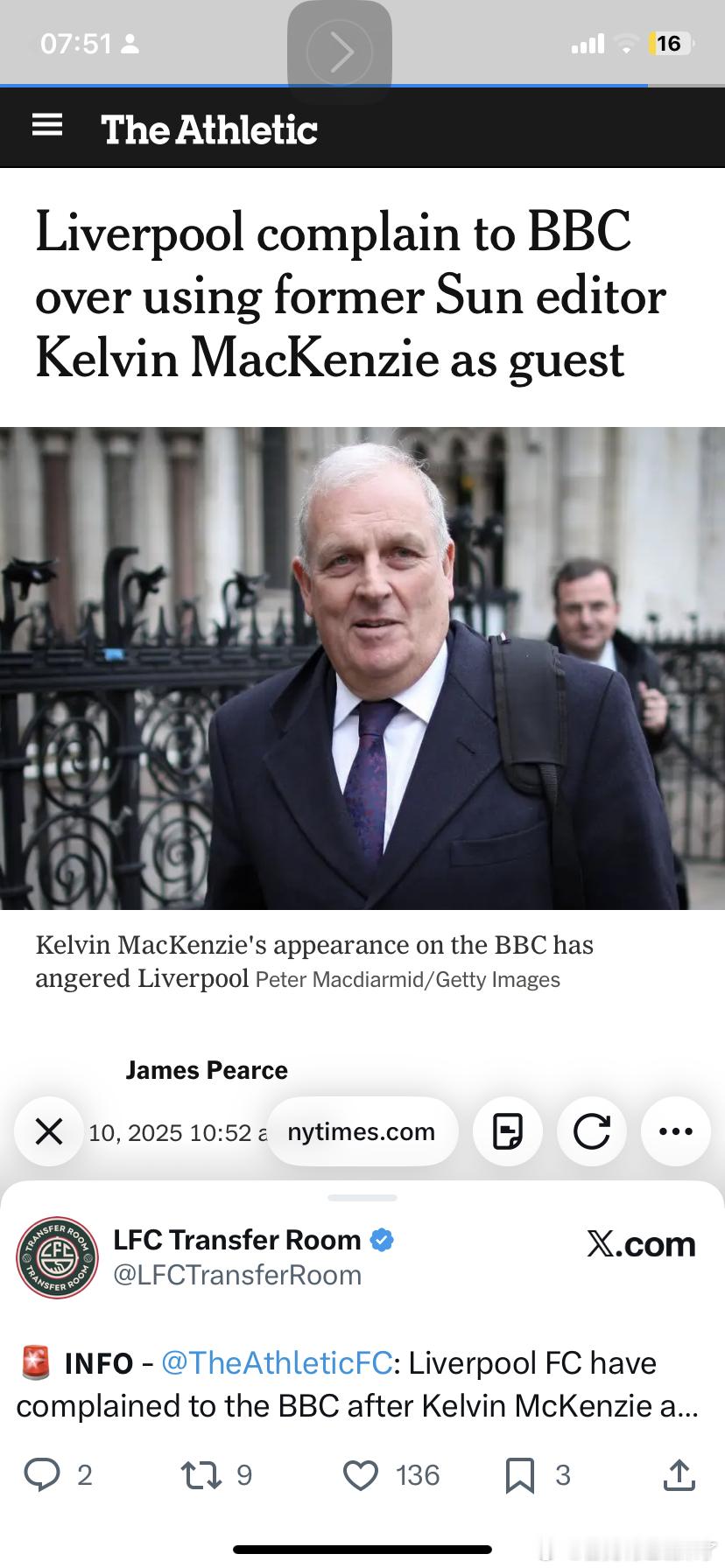 利物浦足球俱乐部已就凯尔文·麦肯齐参与BBC节目相关报道中的新闻操守问题向英国广