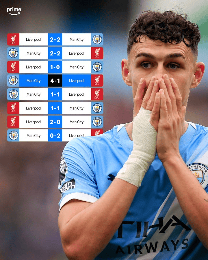 曼城vs利物浦 联赛遇，曼城战红军，八战而一捷，颇为惊讶。 ​​​