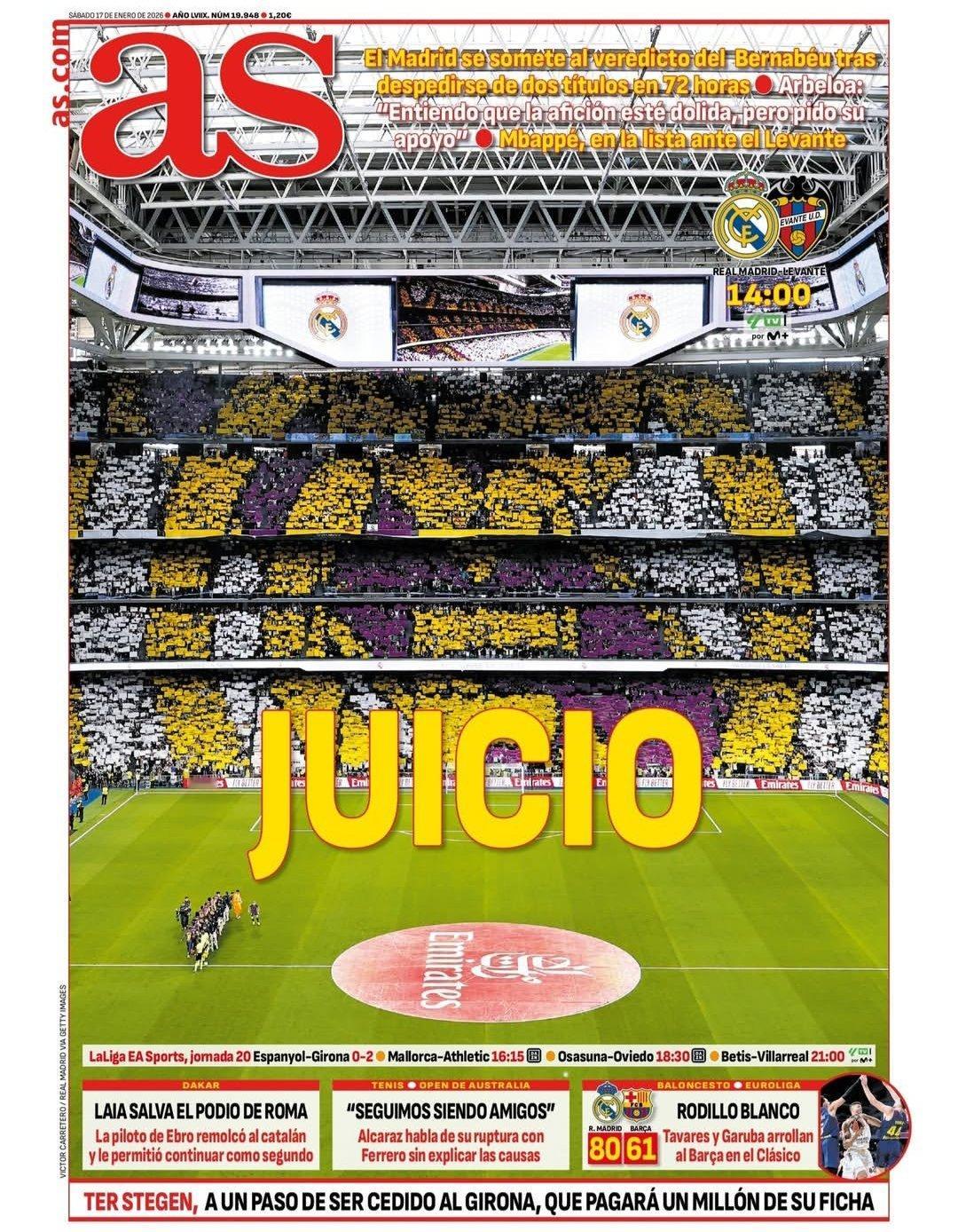 皇马 《阿斯》审判在三天内告别两个奖杯之后，皇马在伯纳乌接受球迷的裁决阿韦罗亚: