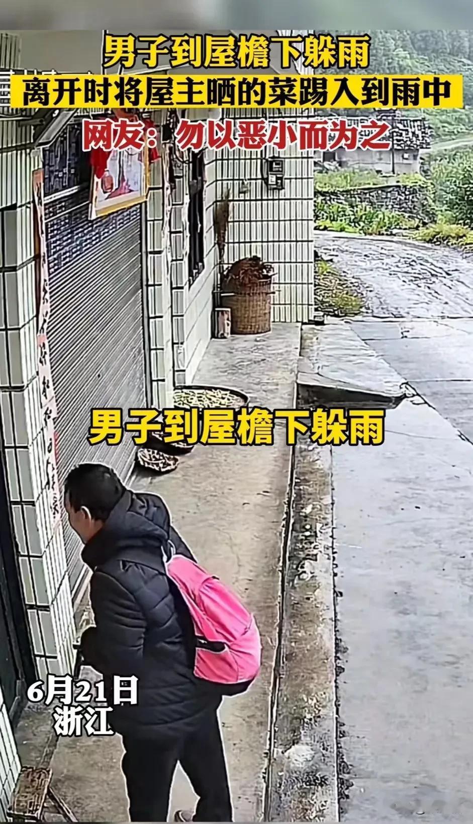 “太坏了！”浙江，男子到大爷家的屋檐下躲雨，离开时却将大爷晒的菜踢入到雨中！大爷