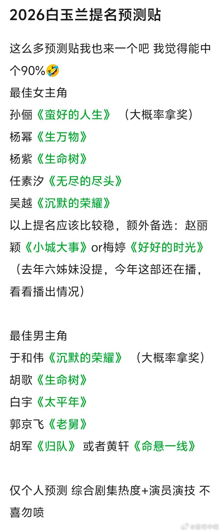 白玉兰奖提名预测 跟风预测2026白玉兰最佳男女主提名名单！ 