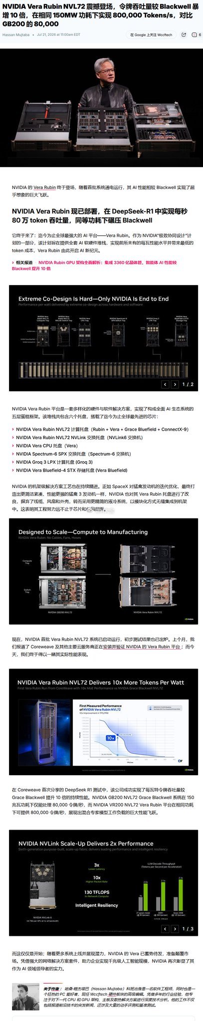 NVIDIA Vera Rubin NVL72 震撼登场，令牌吞吐量较 Blac