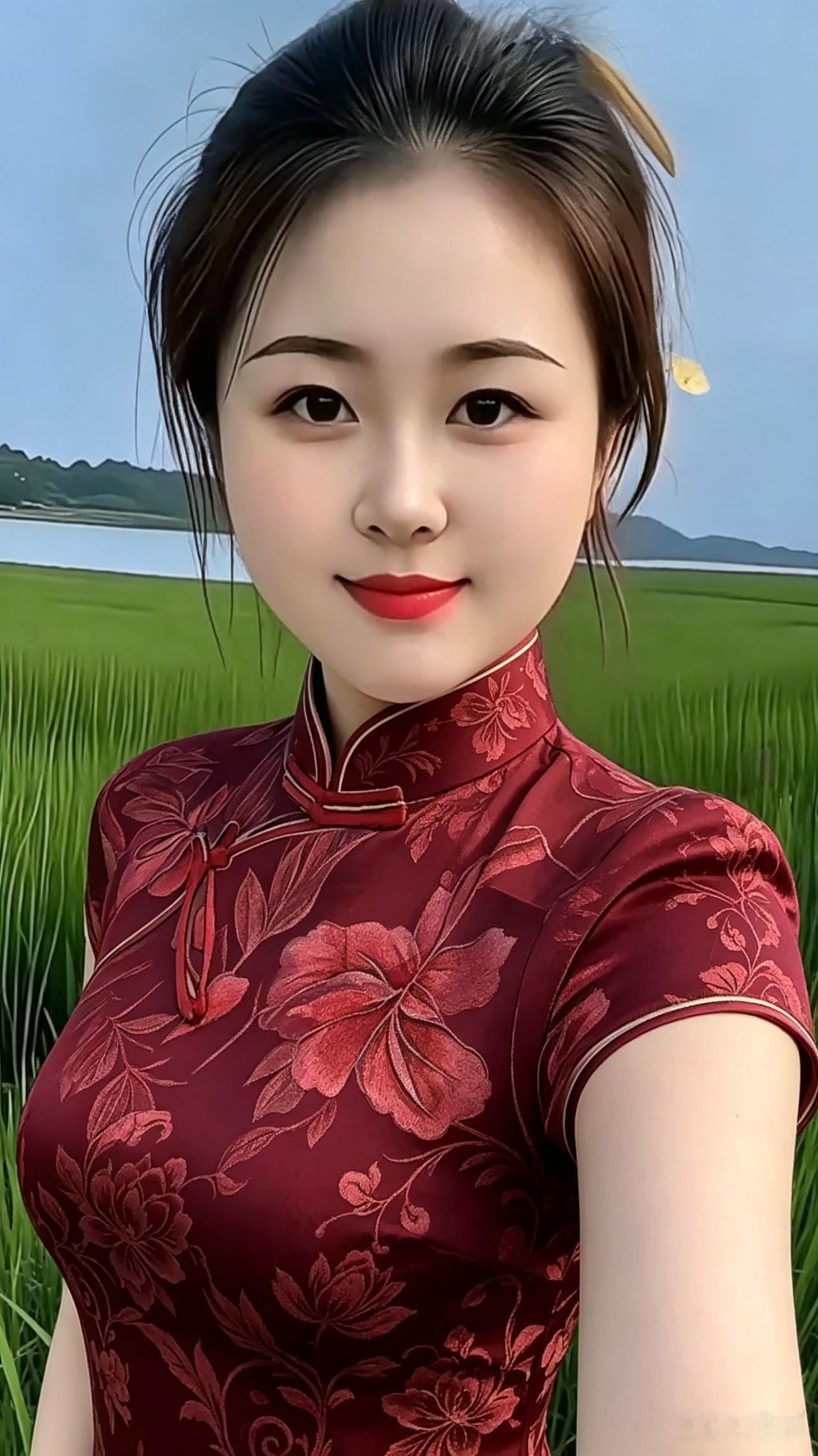 着红旗袍的自在客
红旗袍上莲花缭，海边日出映颜娇
离异一载无忧扰，眸光灿若星辰耀