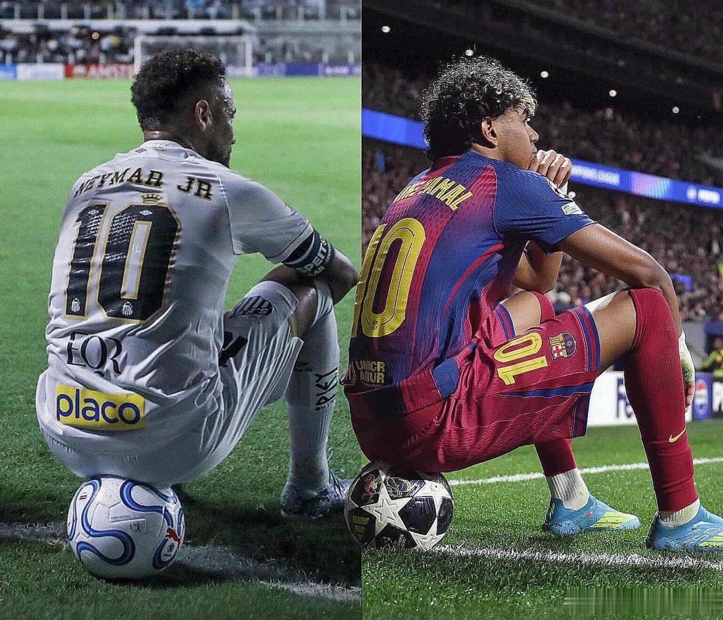 ⚽️🪑内马尔做出了与拉明·亚马尔相同的动作——坐在足球上，等待比赛重新开始。 