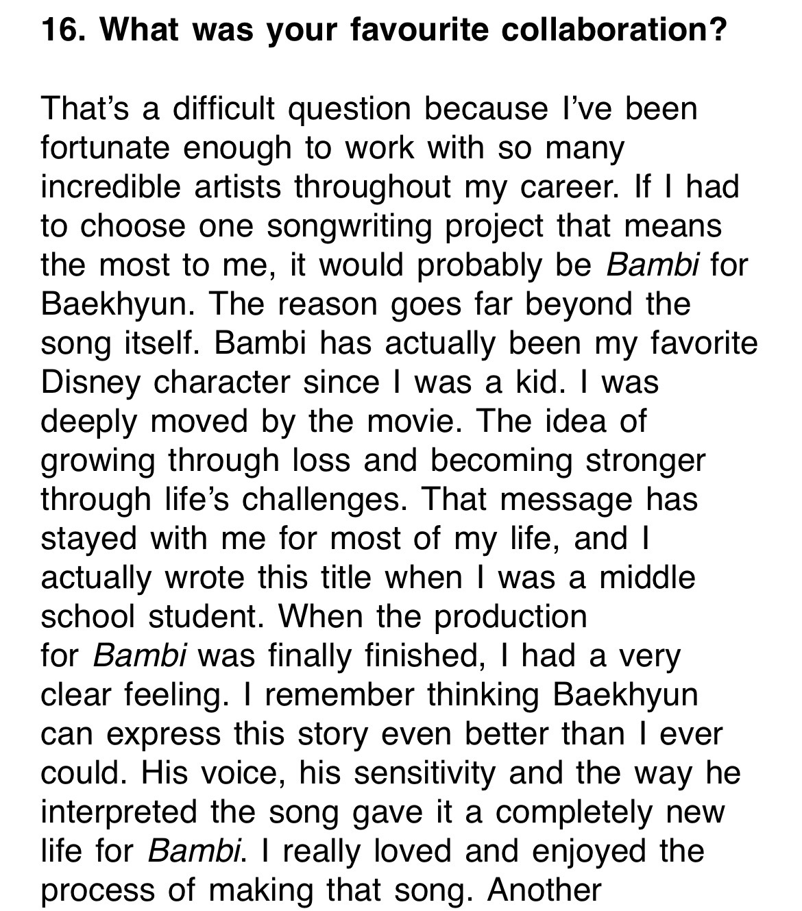 边伯贤边伯贤 创作歌手兼制作人SAAY采访 （《Bambi》词曲之一）Q：你最喜
