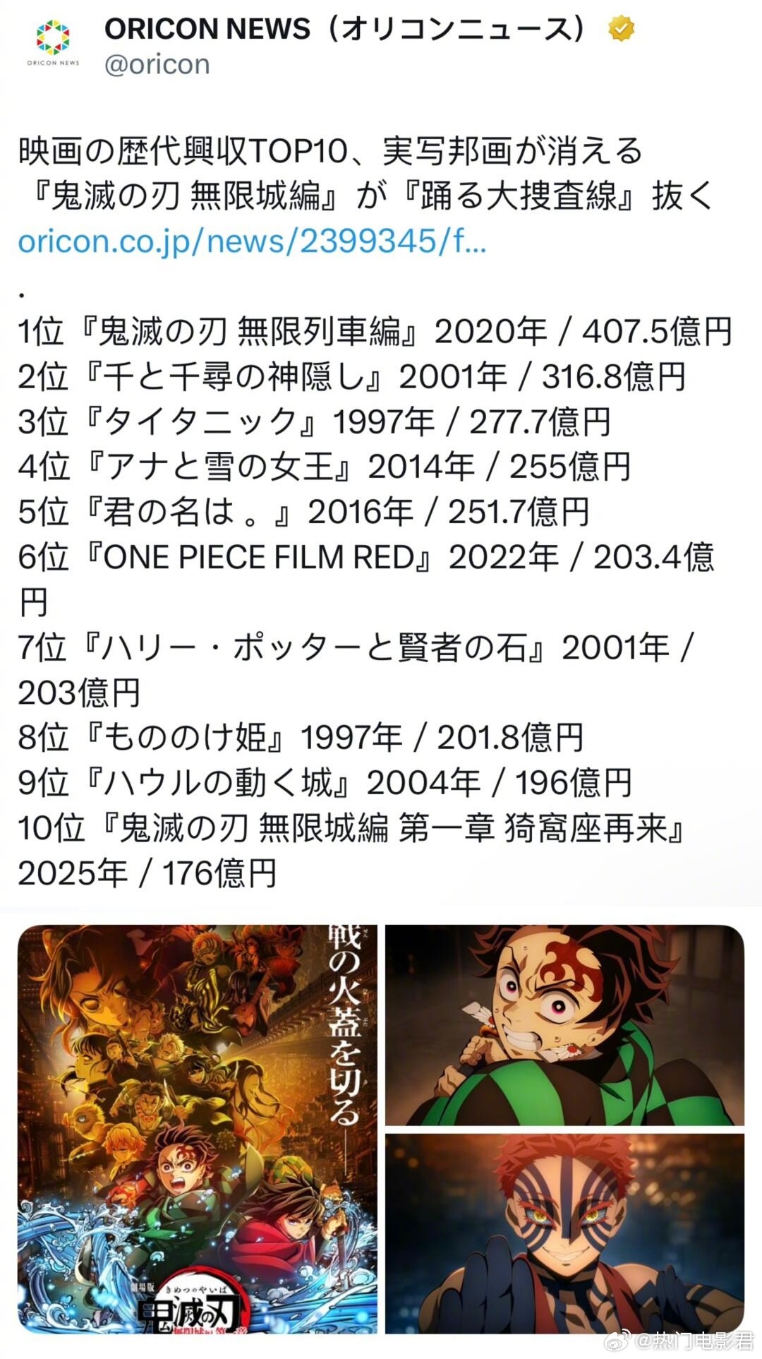日本电影历史票房前十 已无本国真人电影🎬随着《鬼灭之刃无限城篇》票房超过《跳跃